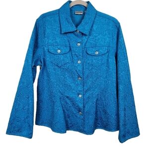 Chico's Blue Floral Crinkled Look Button Up Shirt Jacket Size Large Chico Size 2